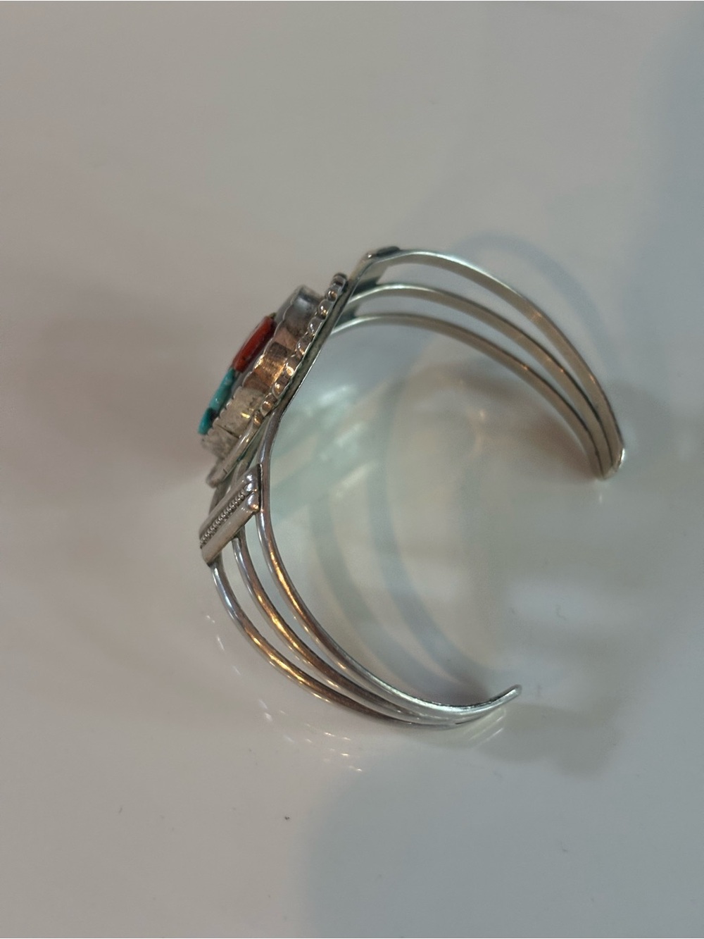 Vintage Zuni Sterling Silver Inlay Cardinal Cuff Bracelet Signed KC NM Turquoise - Picture 6 of 12